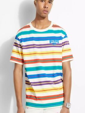 New GUESS Men’s Ivory Crewneck Tee with Multicolor Stripe SZ M